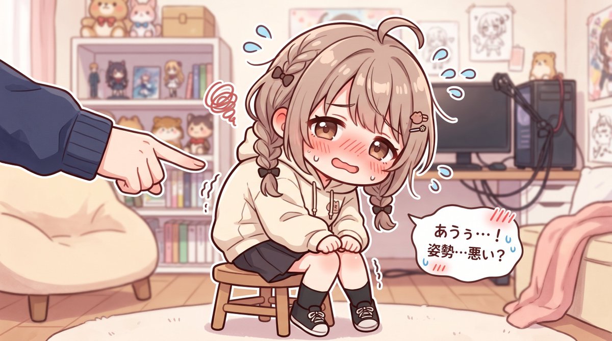 角色设定 GPT Image 2 提示词：Embarrassed Anime Girl on Tiny Stool