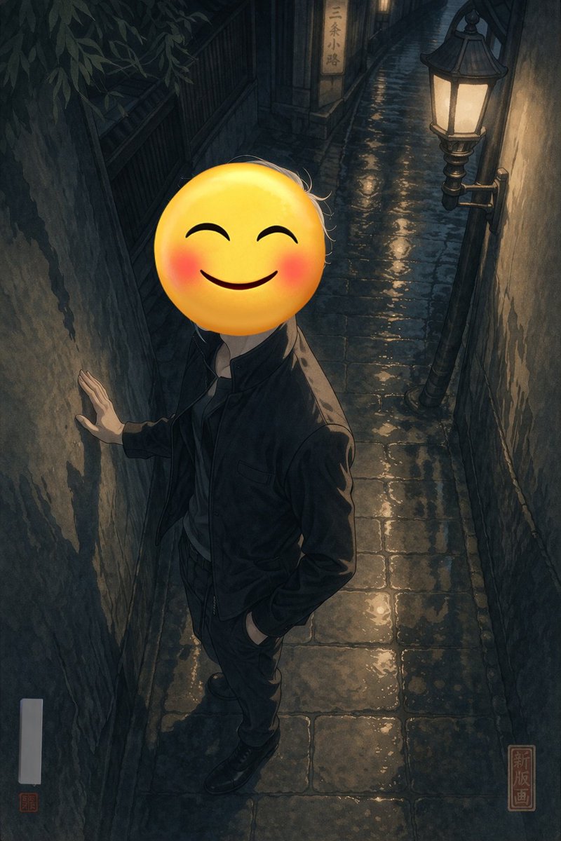 角色设定 GPT Image 2 提示词：Emoji-Faced Figure in Wet Night Alley