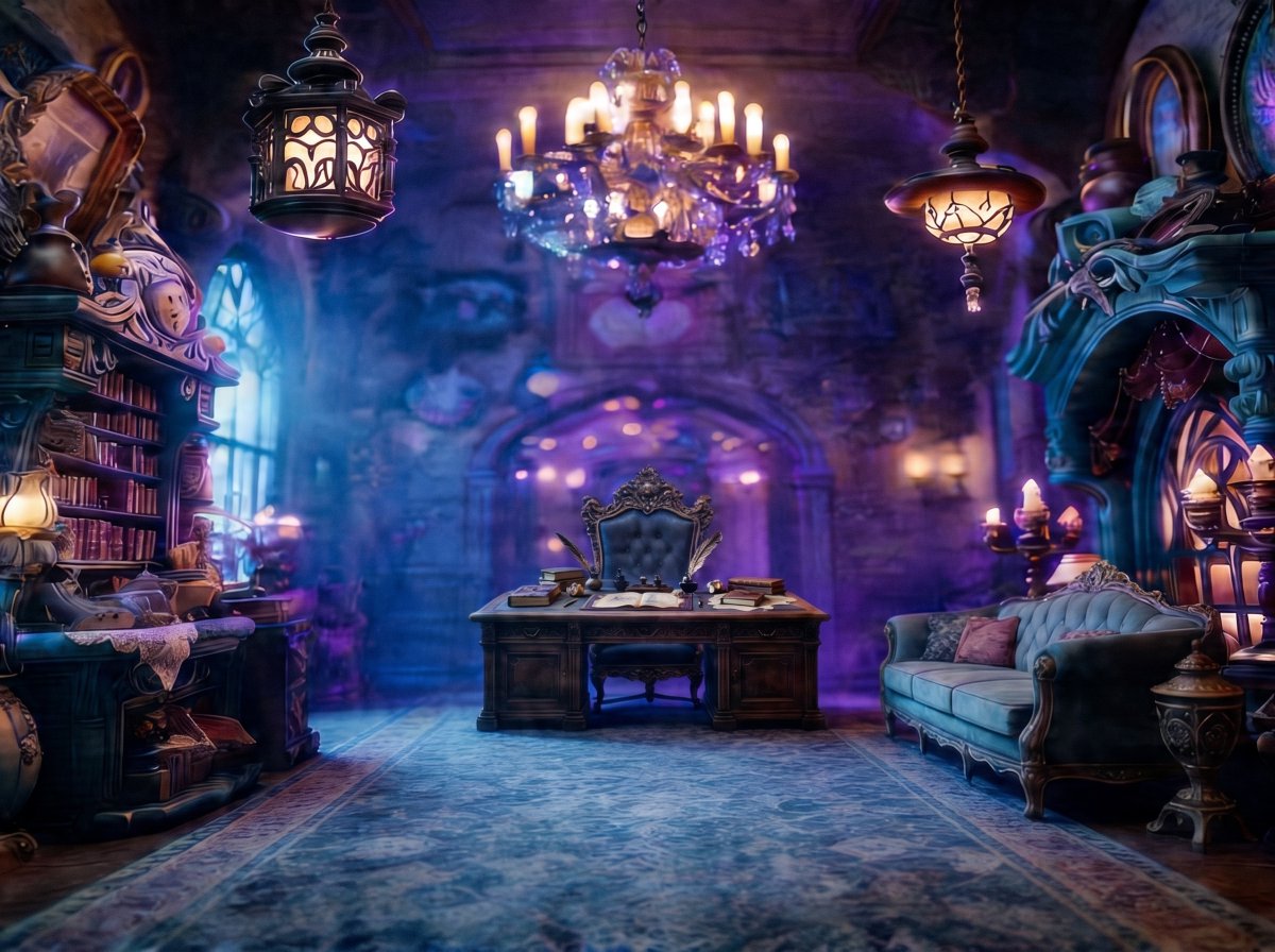 界面稿 GPT Image 2 提示词：Enchanted Gothic Study Interior