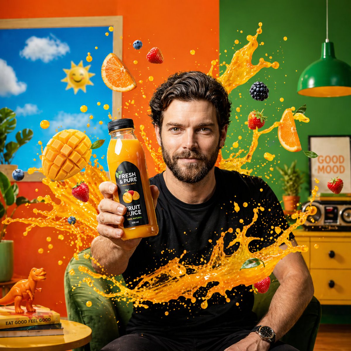 产品视觉 GPT Image 2 提示词：Energetic Juice Advertisement Scene
