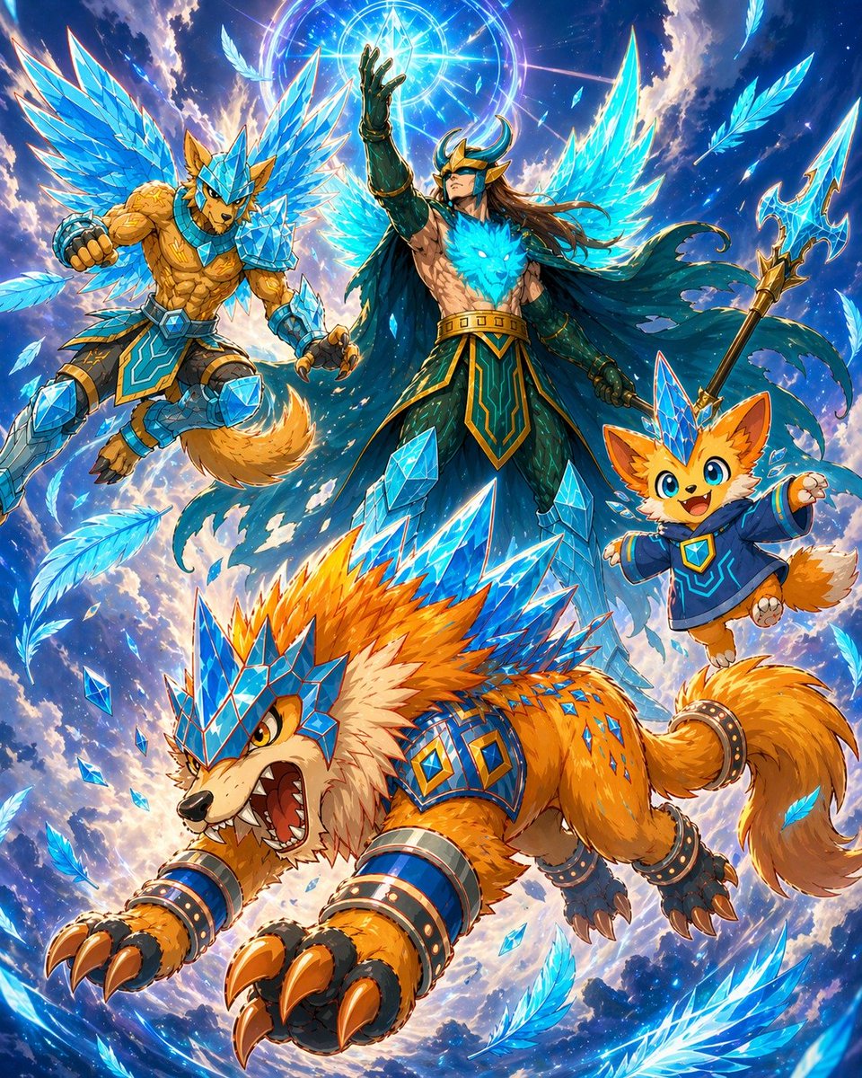 产品视觉 GPT Image 2 提示词：Epic Anime Warrior with Crystal Wolf Companions