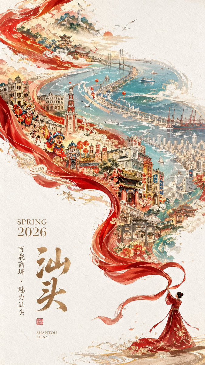 产品视觉 GPT Image 2 提示词：Epic Chinese Cityscape Ribbon Poster