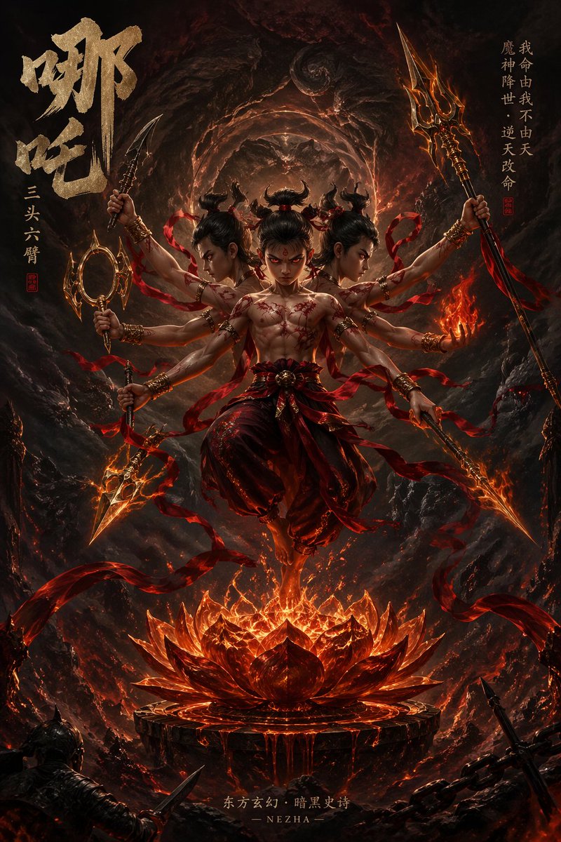 角色设定 GPT Image 2 提示词：Epic Fantasy Novel Cover for Nezha