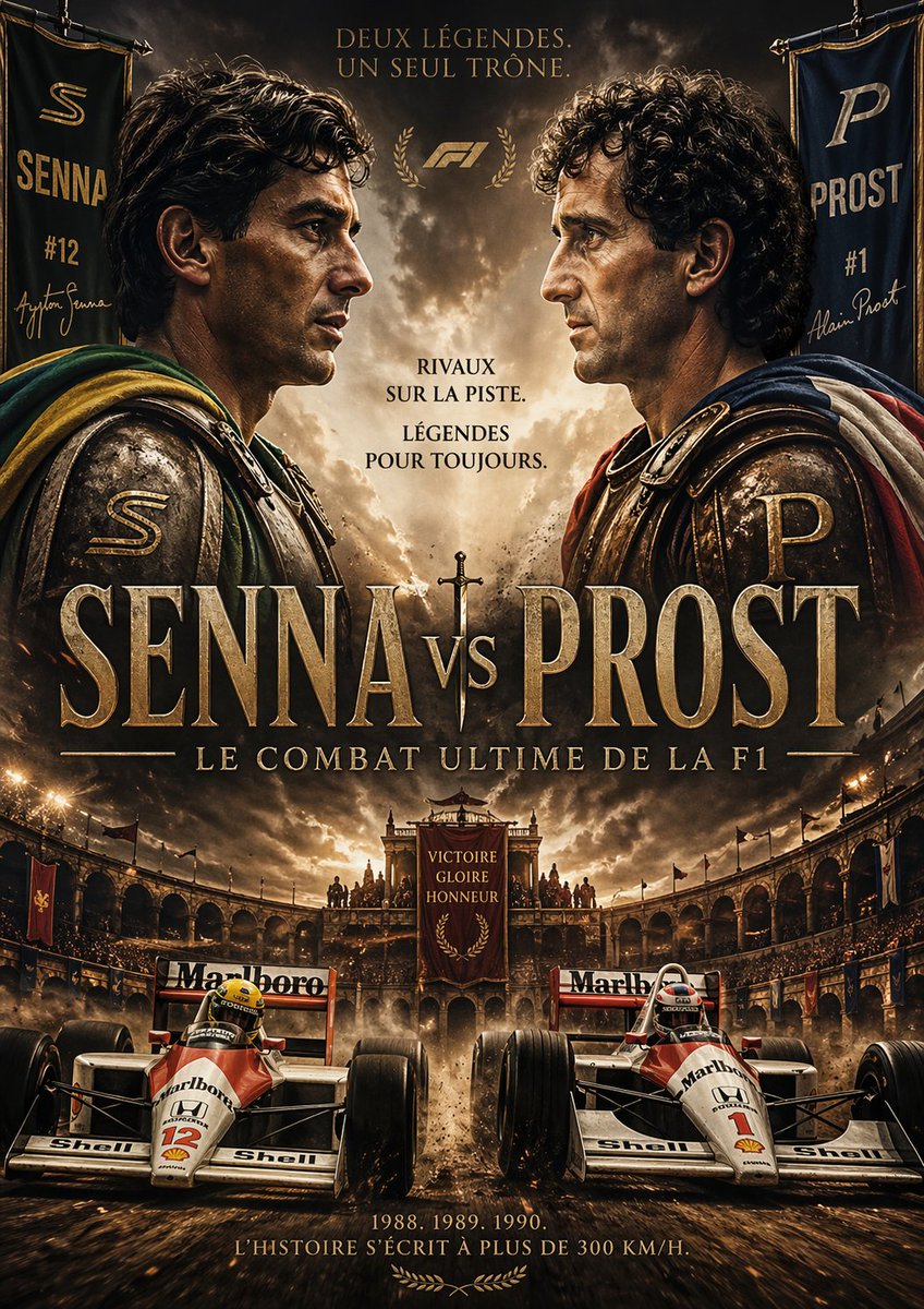 产品视觉 GPT Image 2 提示词：Epic Senna vs Prost Gladiator Poster