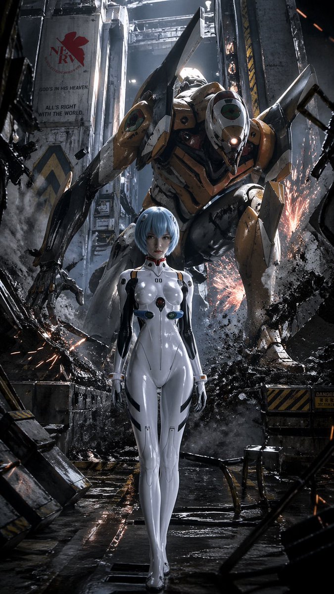 产品视觉 GPT Image 2 提示词：Evangelion-Inspired Mecha Hangar Poster