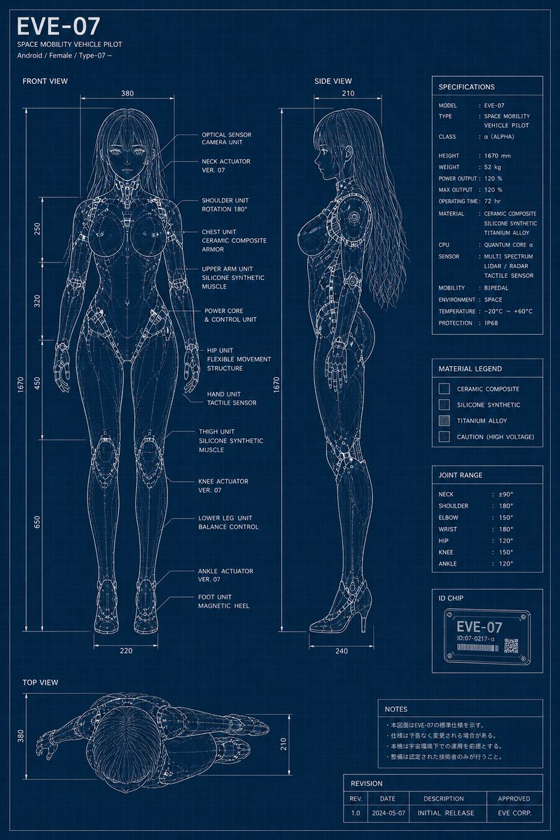 产品视觉 GPT Image 2 提示词：EVE-07 Android Blueprint Sheet