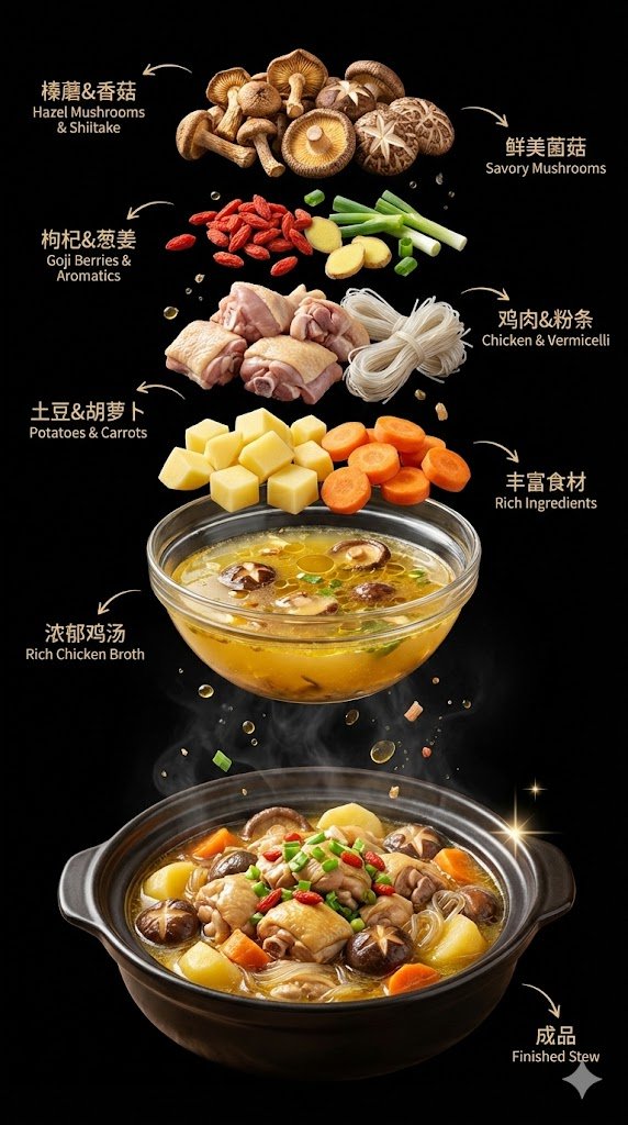 产品视觉 GPT Image 2 提示词：Exploded Chicken Mushroom Stew Ad