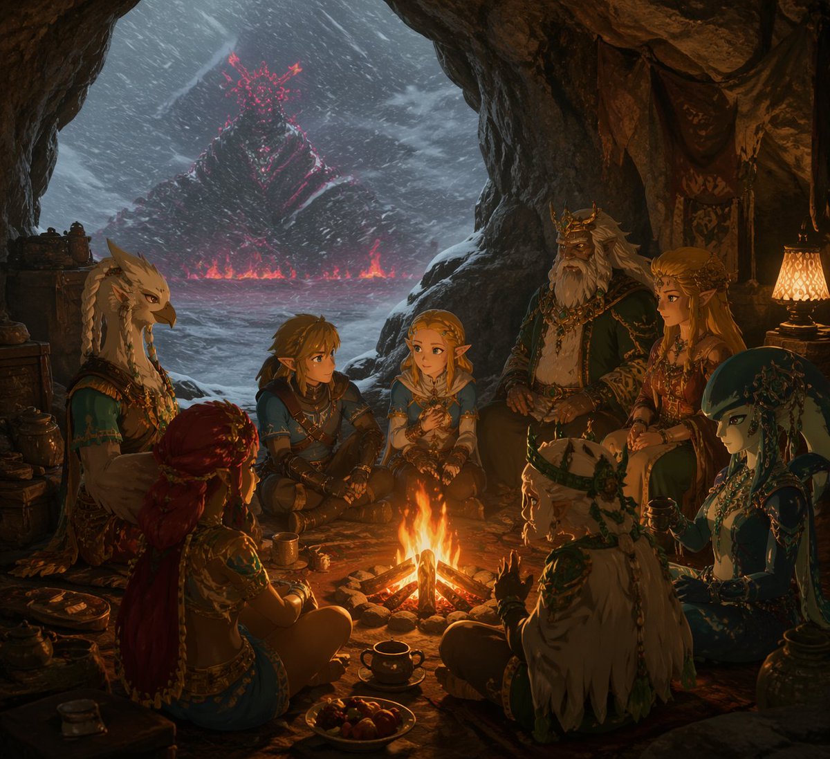 角色设定 GPT Image 2 提示词：Fantasy Campfire Before a Crimson Mountain