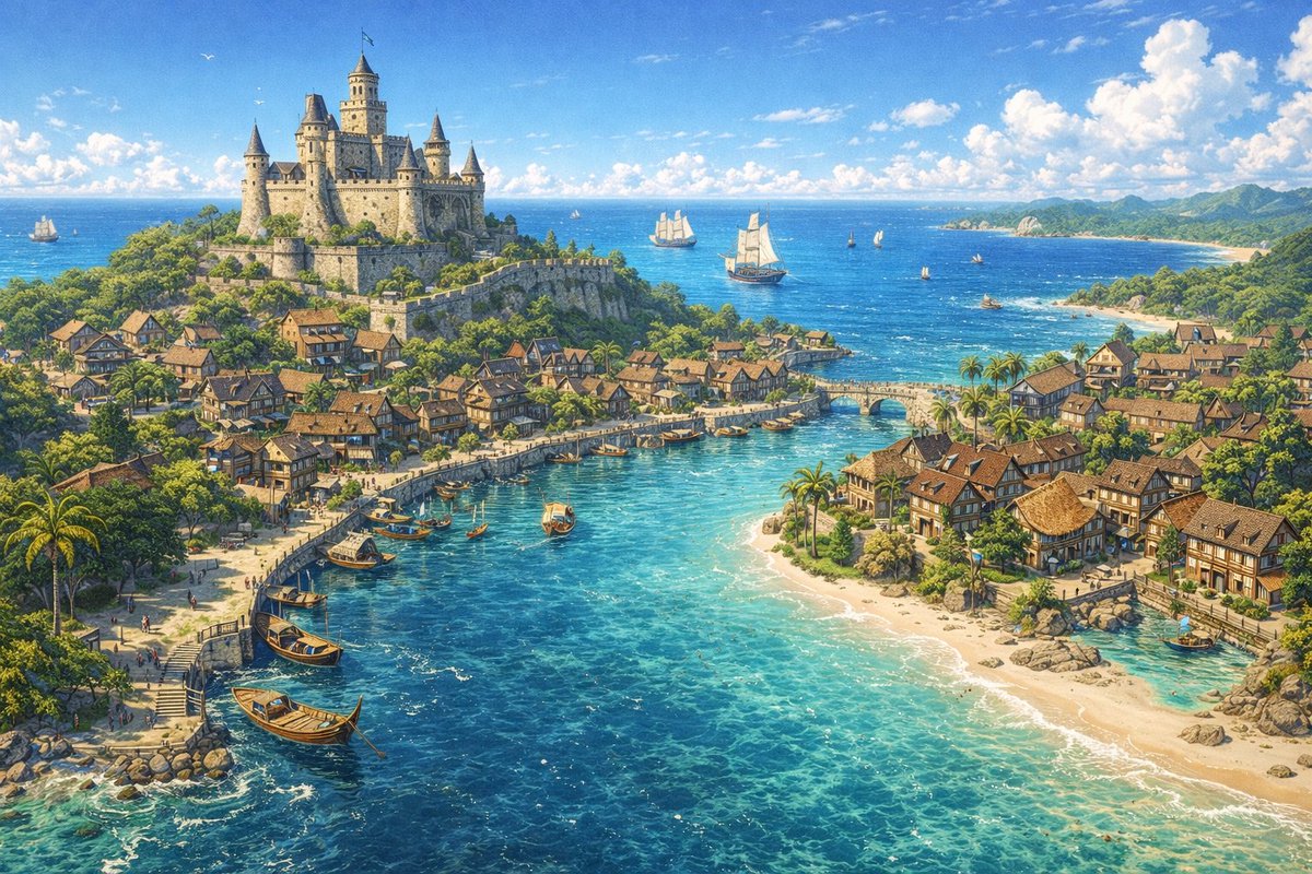 界面稿 GPT Image 2 提示词：Fantasy Coastal City Landscape