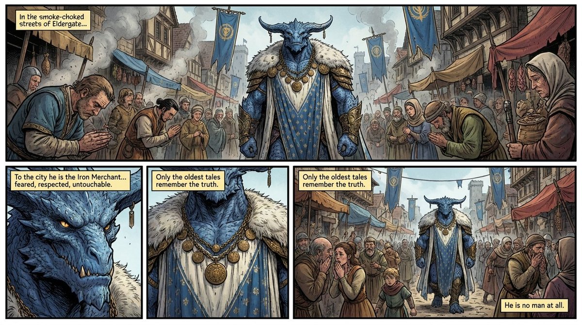 产品视觉 GPT Image 2 提示词：Fantasy Comic Page of Korvax in Eldergate