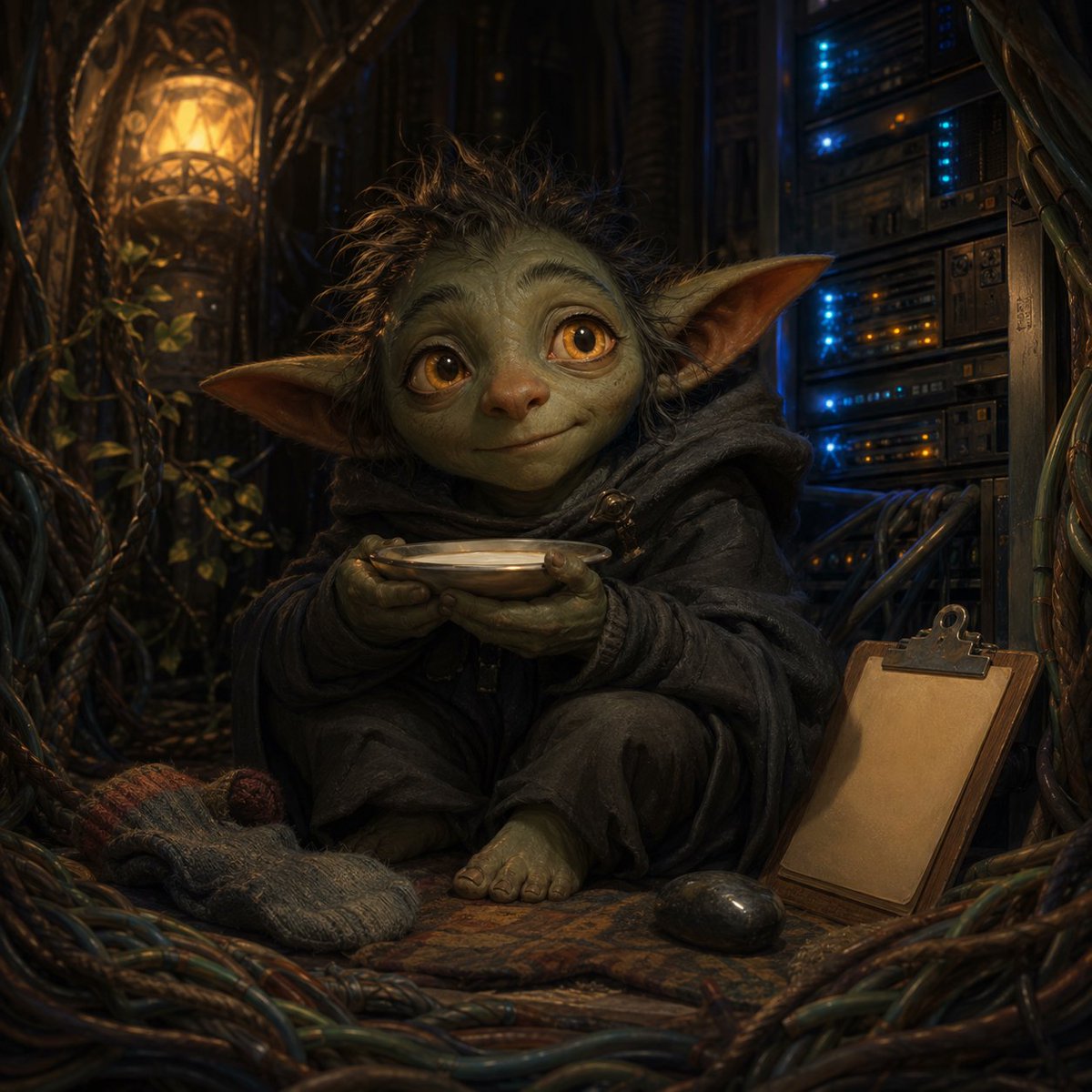 界面稿 GPT Image 2 提示词：Fantasy Creature With Milk in Server Room