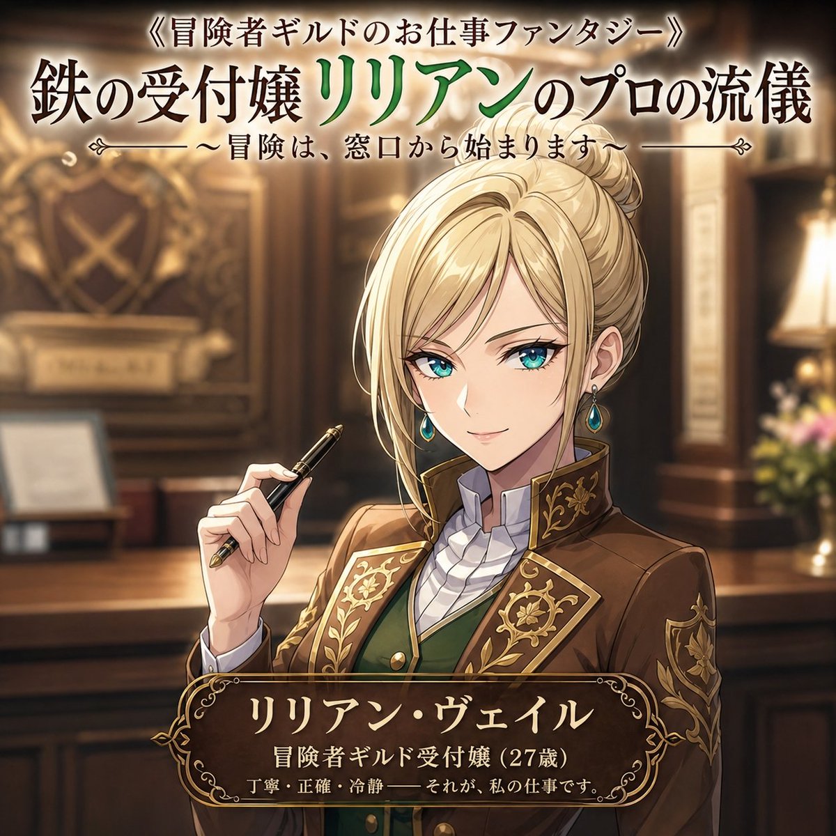 界面稿 GPT Image 2 提示词：Fantasy Guild Receptionist Novel Cover
