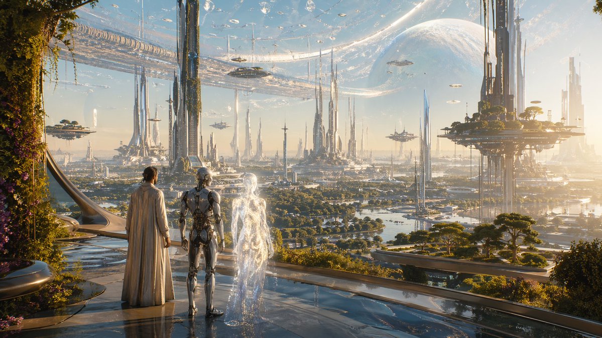 界面稿 GPT Image 2 提示词：Far Future City with Transparent Humanoid