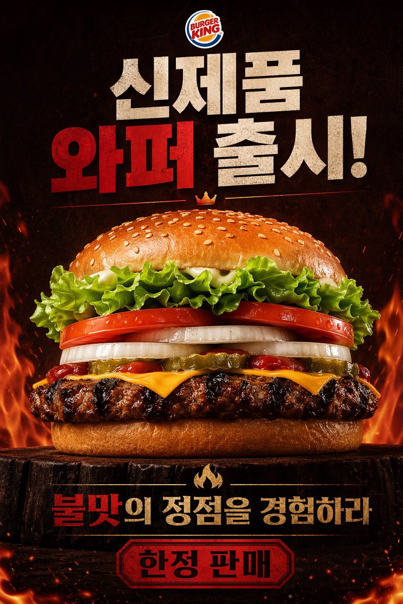 产品视觉 GPT Image 2 提示词：Fiery Burger King Whopper Poster