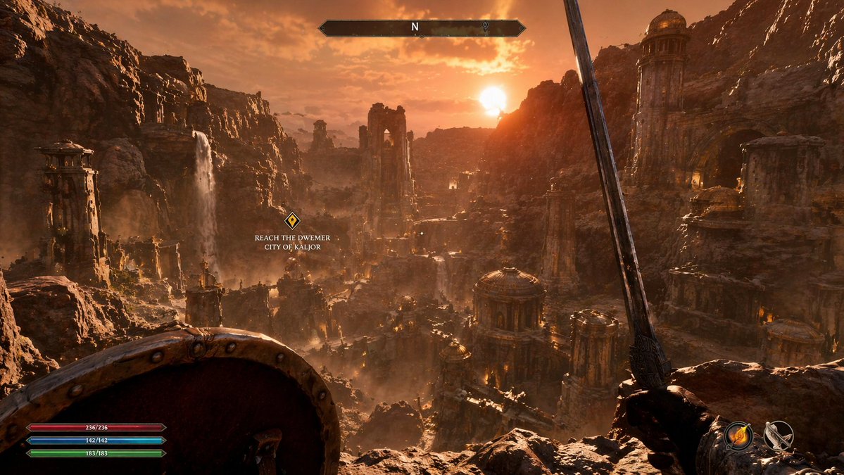 界面稿 GPT Image 2 提示词：First-Person Fantasy RPG Screenshot