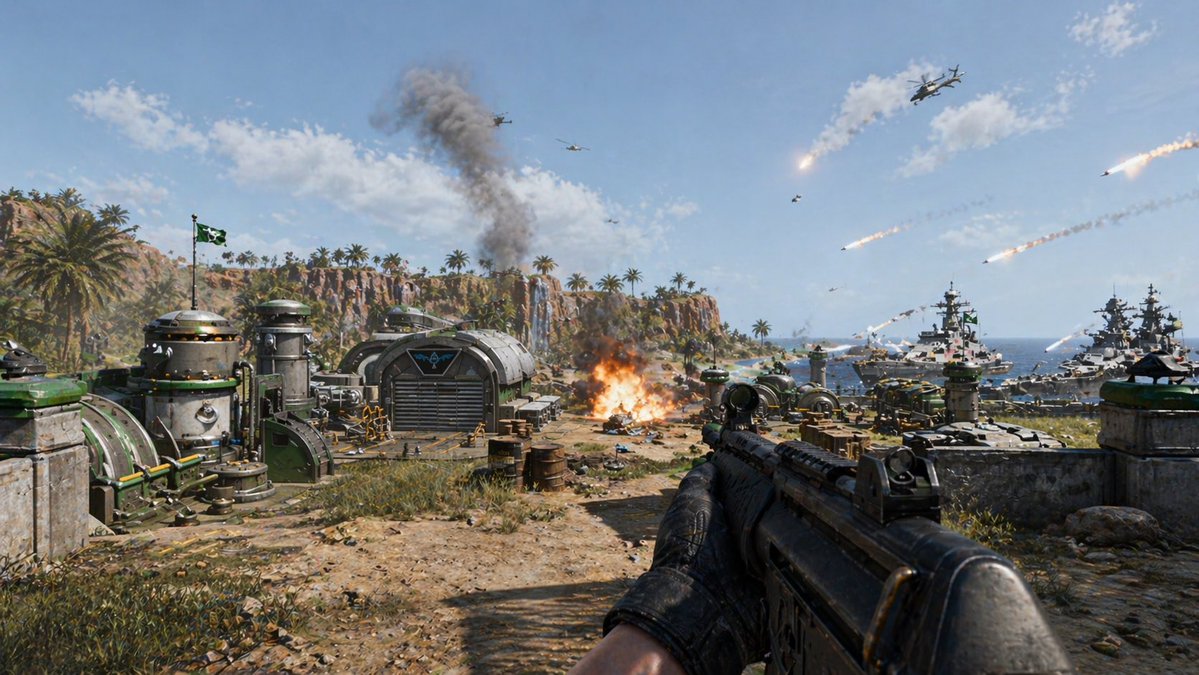 故事绘本 GPT Image 2 提示词：First-Person Tropical Island Warzone