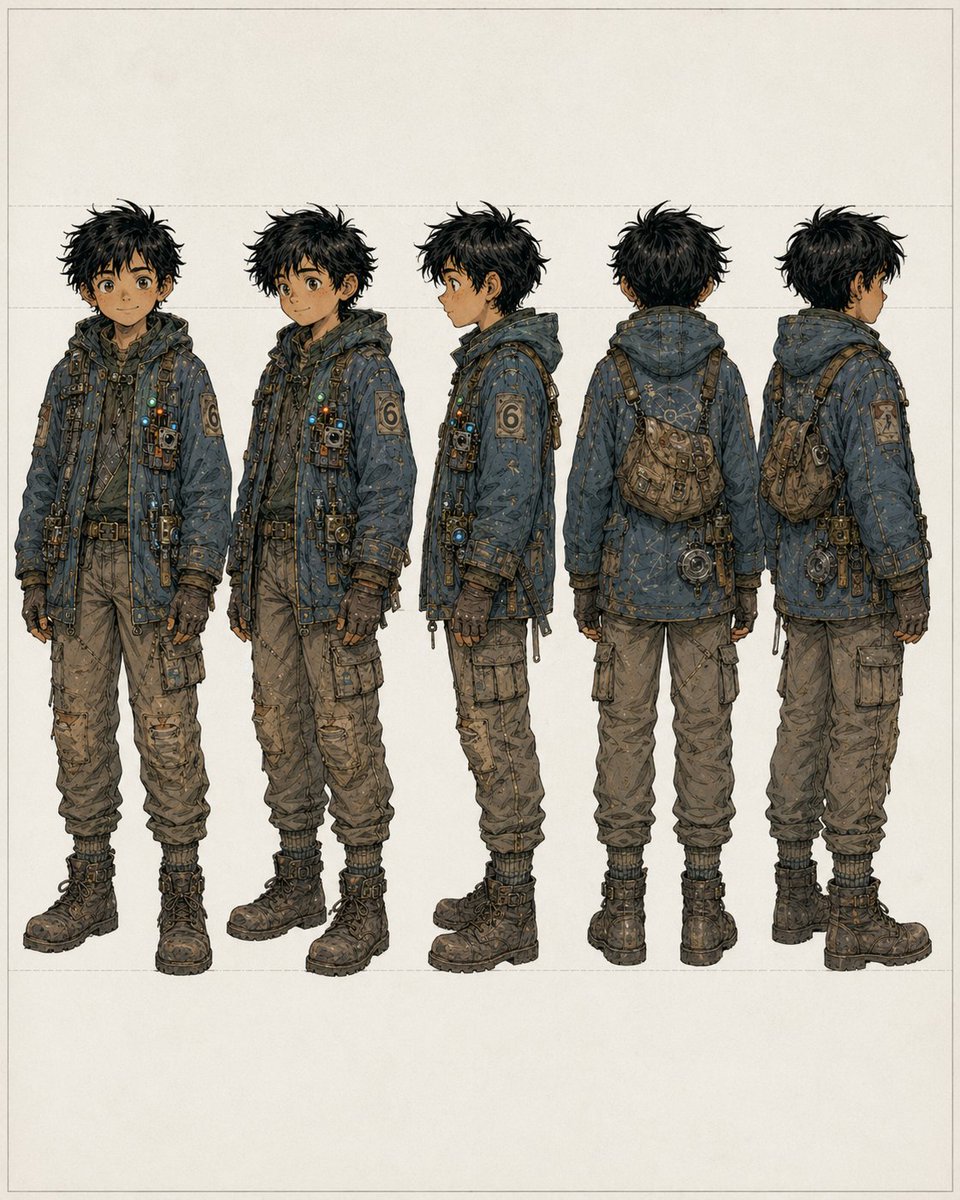 界面稿 GPT Image 2 提示词：Five-View Boy Scavenger Turnaround