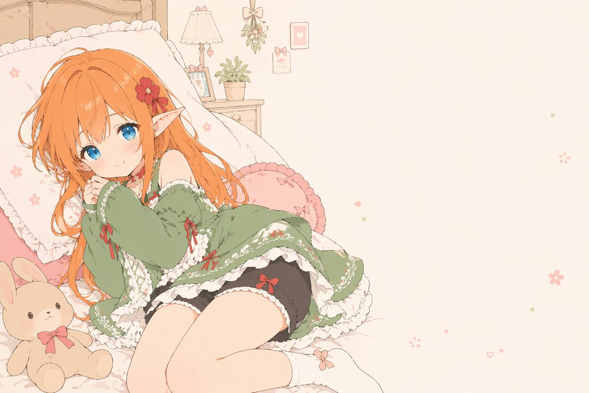 角色设定 GPT Image 2 提示词：Flat-Color Elf Girl on Frilly Bed