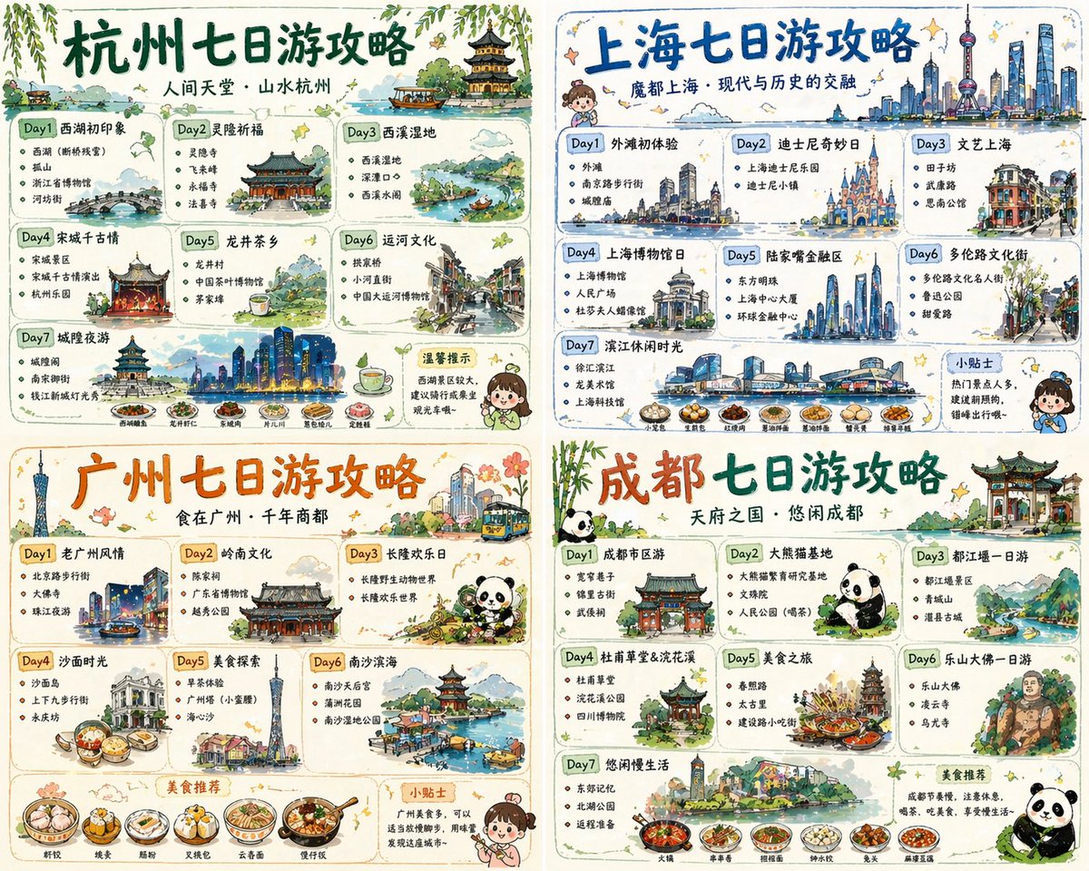 产品视觉 GPT Image 2 提示词：Four-City Chinese Travel Guide Poster Set
