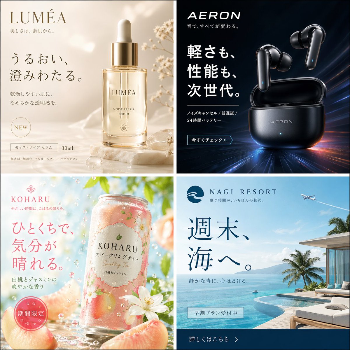 产品视觉 GPT Image 2 提示词：Four Japanese Ad Visuals Collage