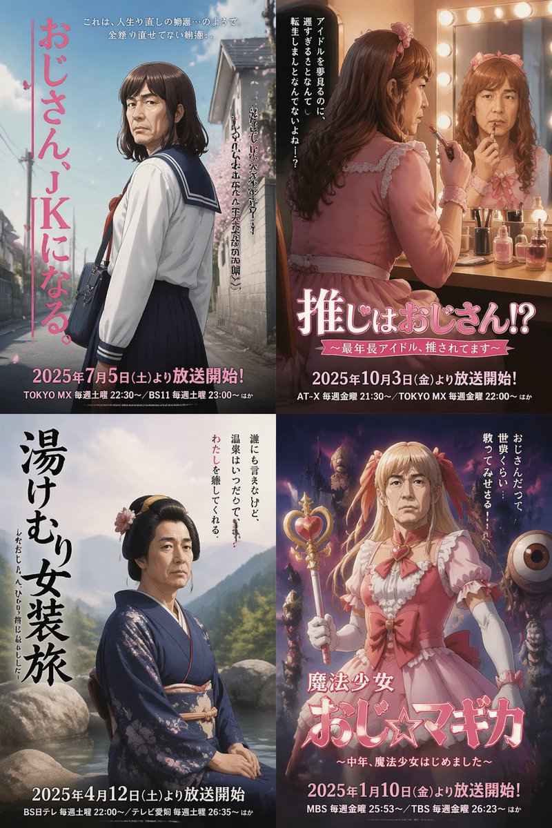 产品视觉 GPT Image 2 提示词：Four Japanese Ojisan Parody Posters