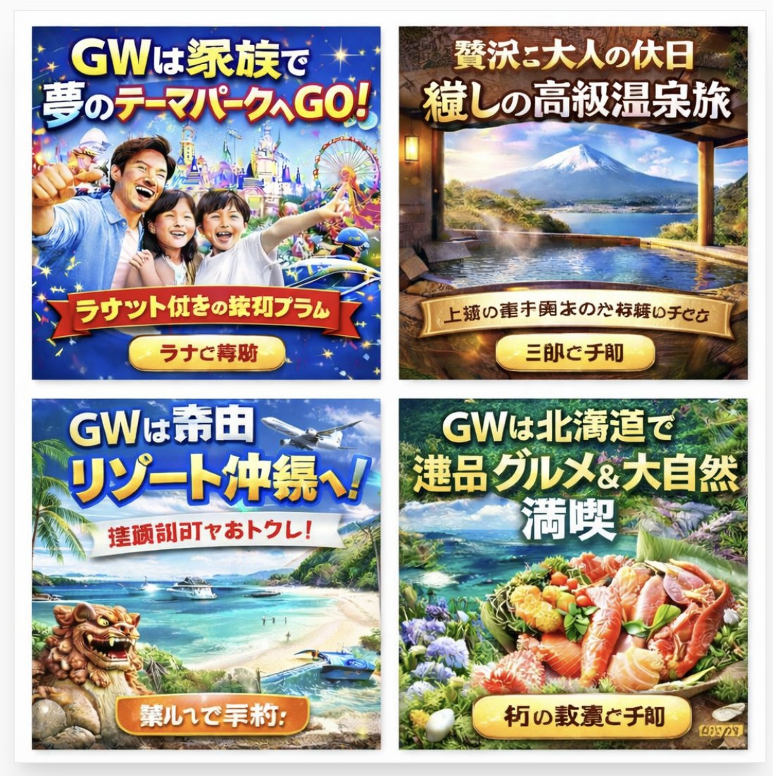 产品视觉 GPT Image 2 提示词：Four Japanese Travel Ad Panels