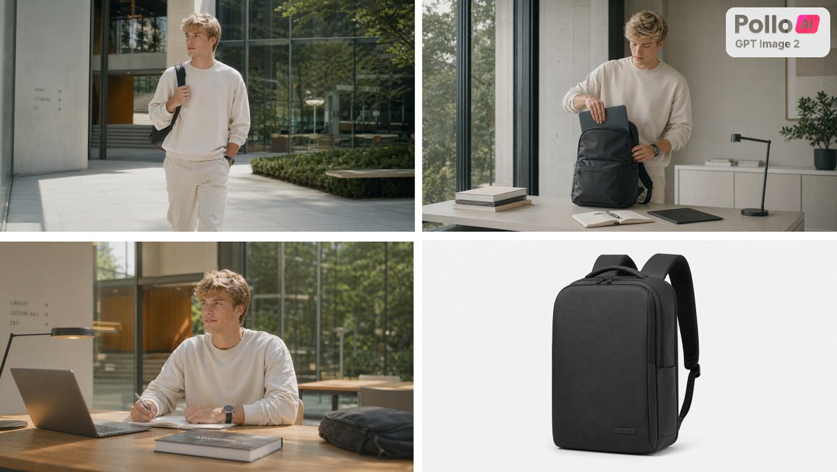 产品视觉 GPT Image 2 提示词：Four-Panel Backpack Lifestyle Ad