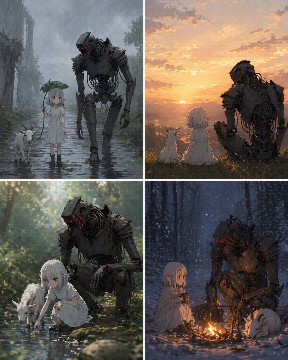 产品视觉 GPT Image 2 提示词：Four-Panel Girl, Robot, and Goat Story