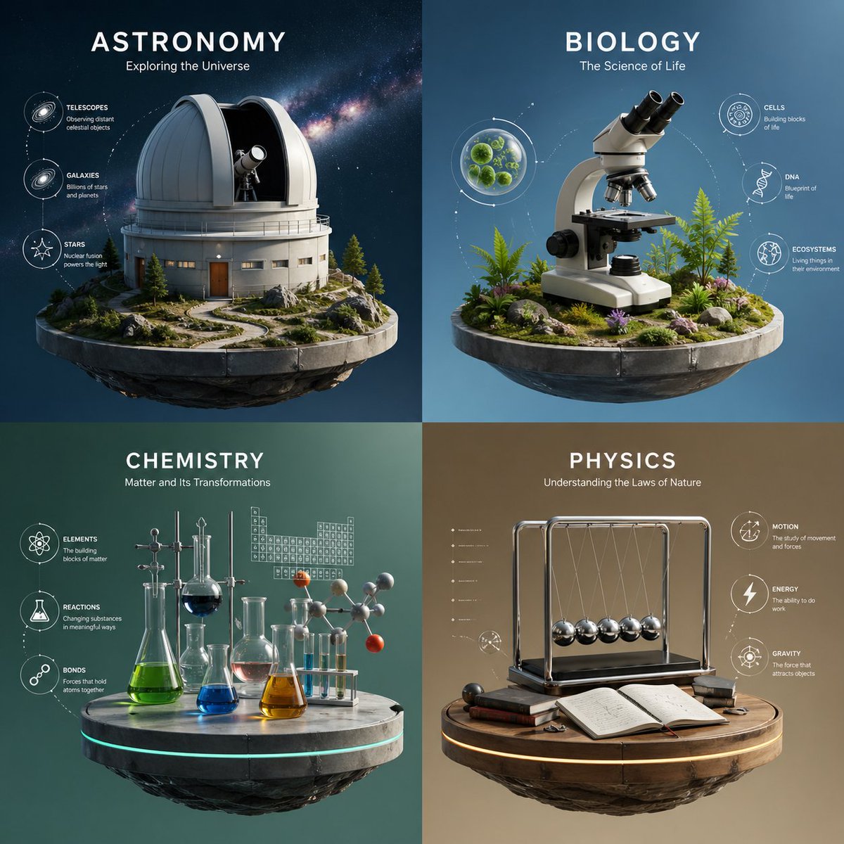 产品视觉 GPT Image 2 提示词：Four-Panel Science Concept Poster