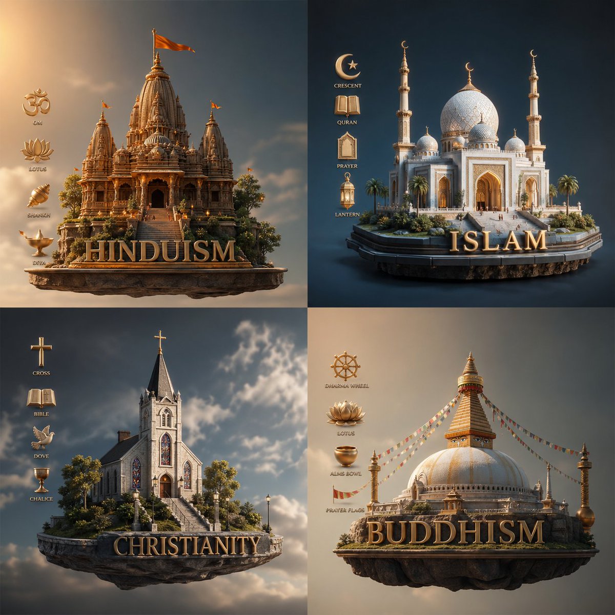 产品视觉 GPT Image 2 提示词：Four Religions Diorama Infographic