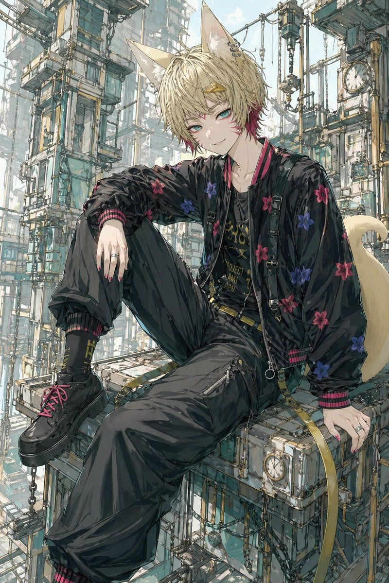 角色设定 GPT Image 2 提示词：Fox-Eared Streetwear Boy in Steampunk City