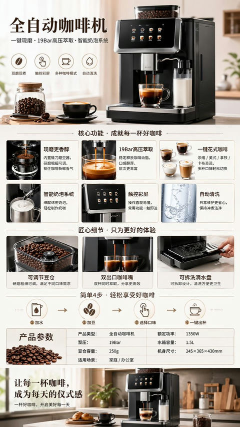 产品视觉 GPT Image 2 提示词：全自动咖啡机产品展示