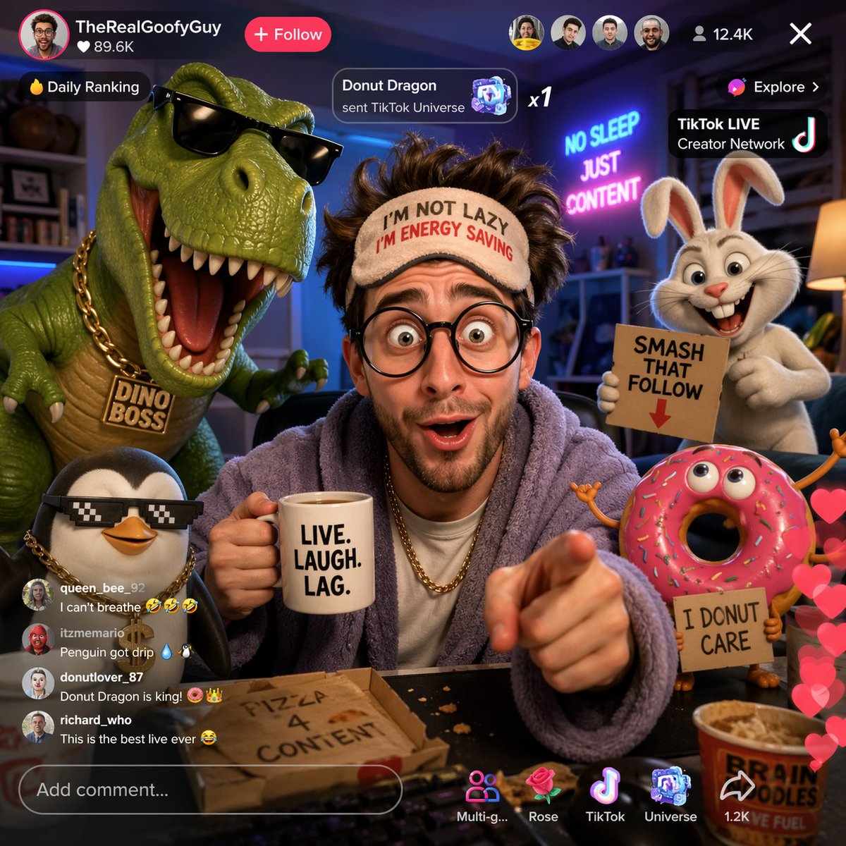 角色设定 GPT Image 2 提示词：Funny TikTok livestream with cartoon characters