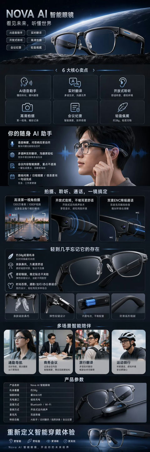 产品视觉 GPT Image 2 提示词：未来科技感AI智能眼镜详情页