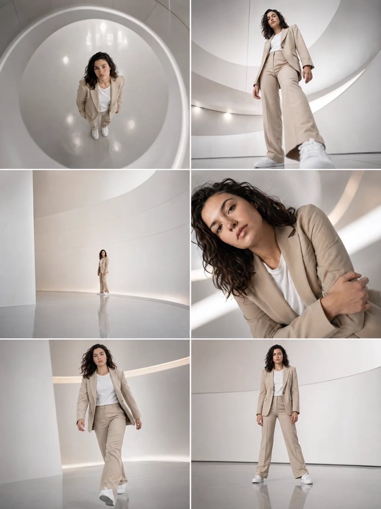 产品视觉 GPT Image 2 提示词：Futuristic Beige Suit Editorial Collage