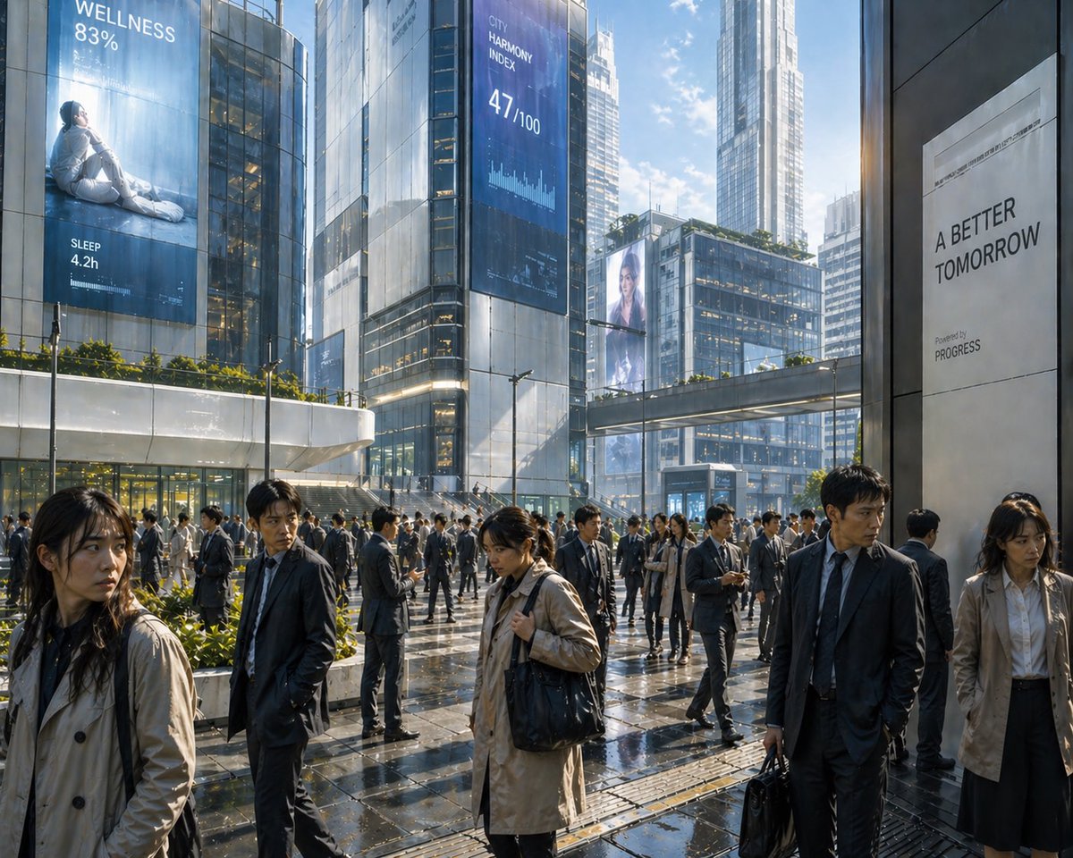 产品视觉 GPT Image 2 提示词：Futuristic Corporate Plaza With Data Billboards
