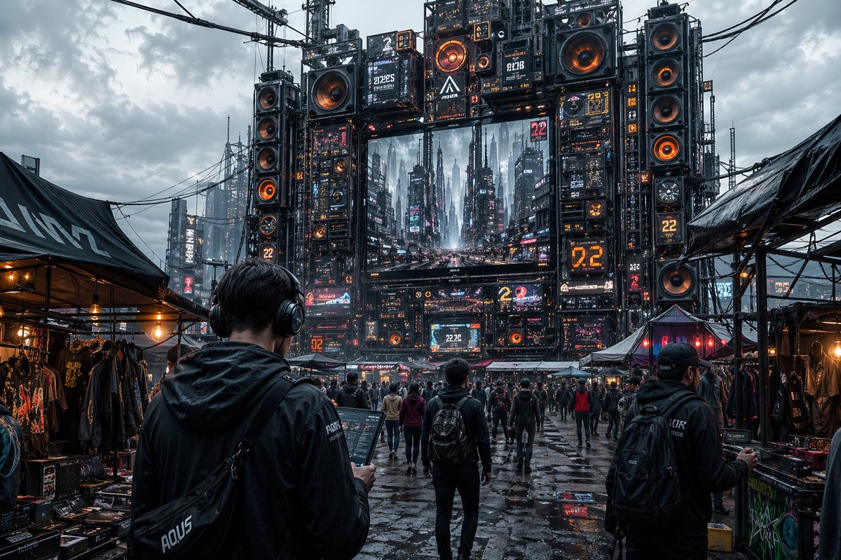 故事绘本 GPT Image 2 提示词：Futuristic Cyberpunk Music Market