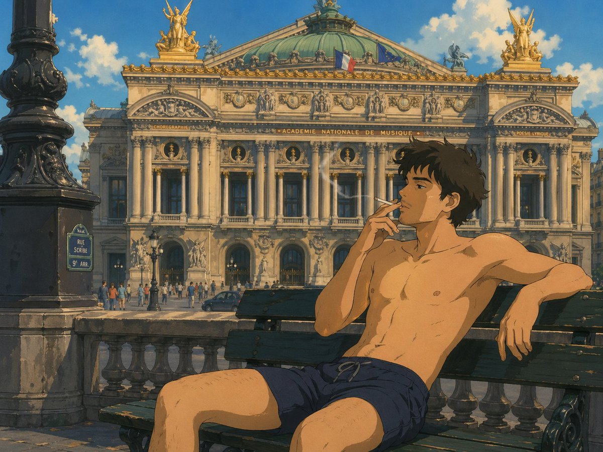 界面稿 GPT Image 2 提示词：Ghibli-Style Man at Opéra Garnier