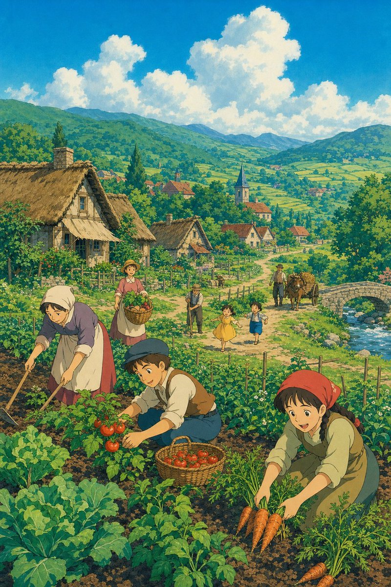故事绘本 GPT Image 2 提示词：Ghibli Style Pastoral Village