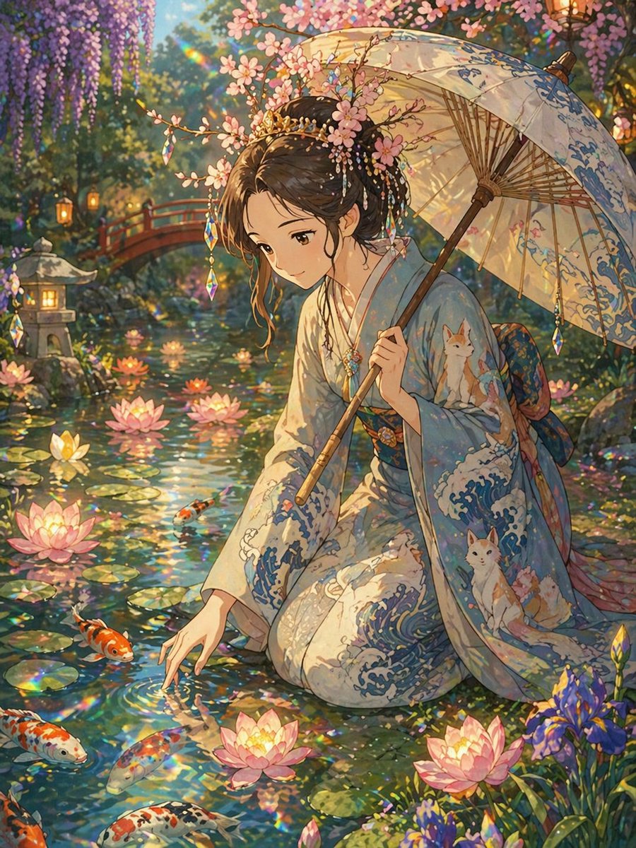 角色设定 GPT Image 2 提示词：Ghibli Style Princess and Koi Pond