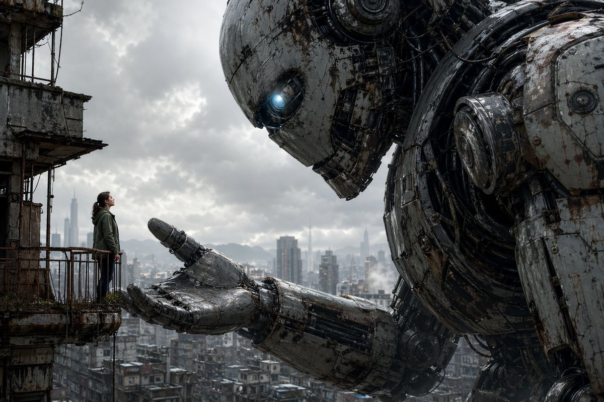 界面稿 GPT Image 2 提示词：Giant Robot Meets Woman on Balcony