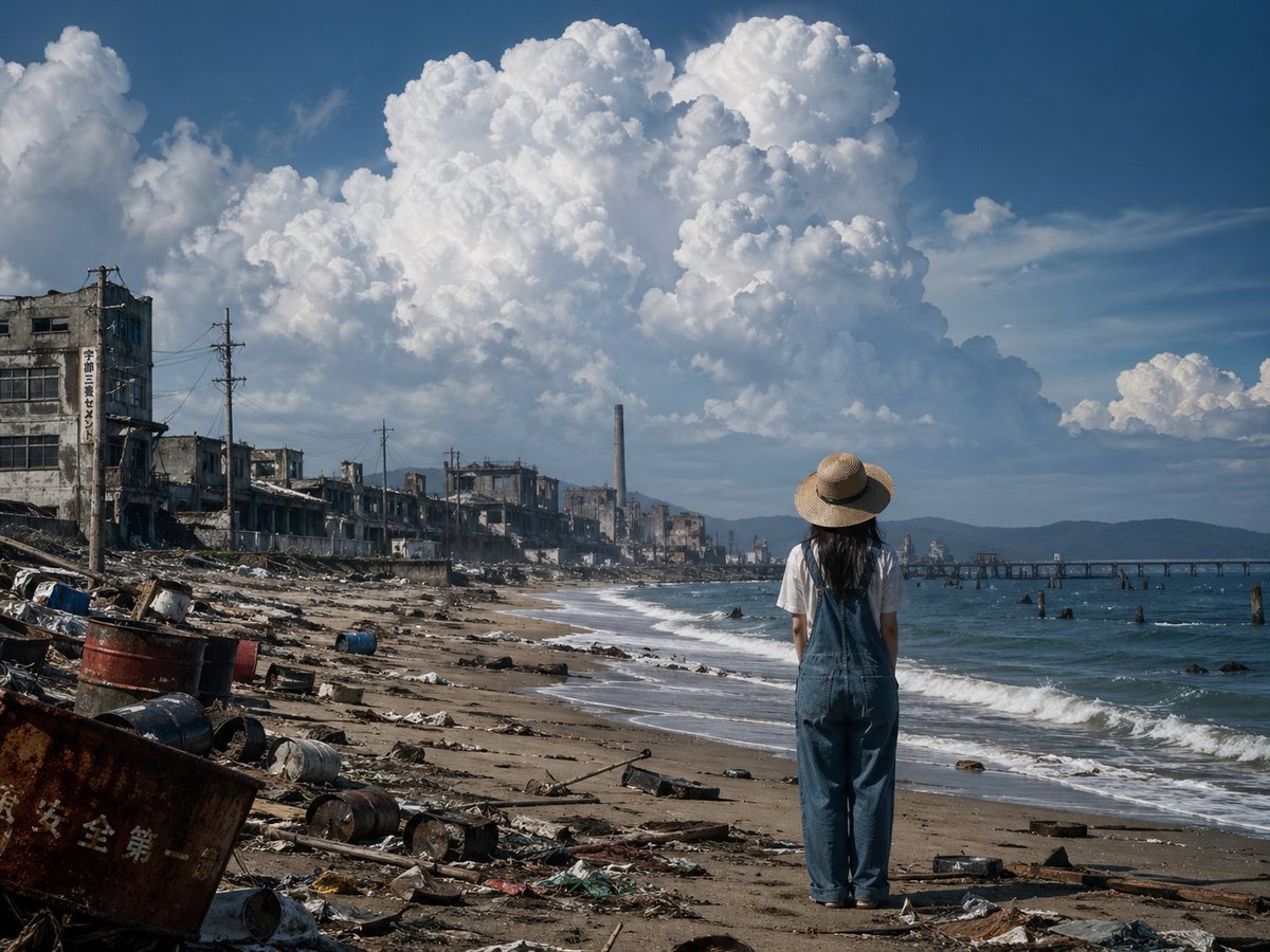 界面稿 GPT Image 2 提示词：Girl on Polluted Industrial Beach