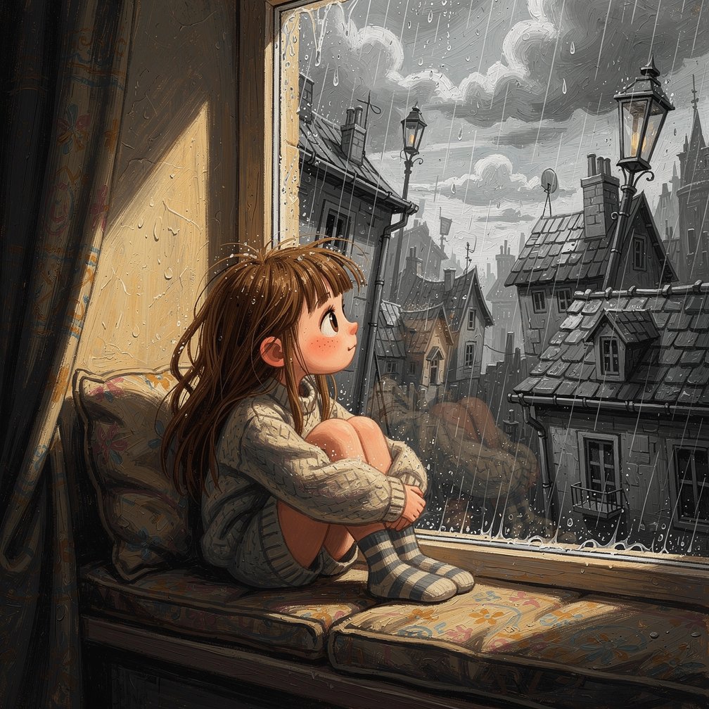 界面稿 GPT Image 2 提示词：Girl on Window Seat in Rain