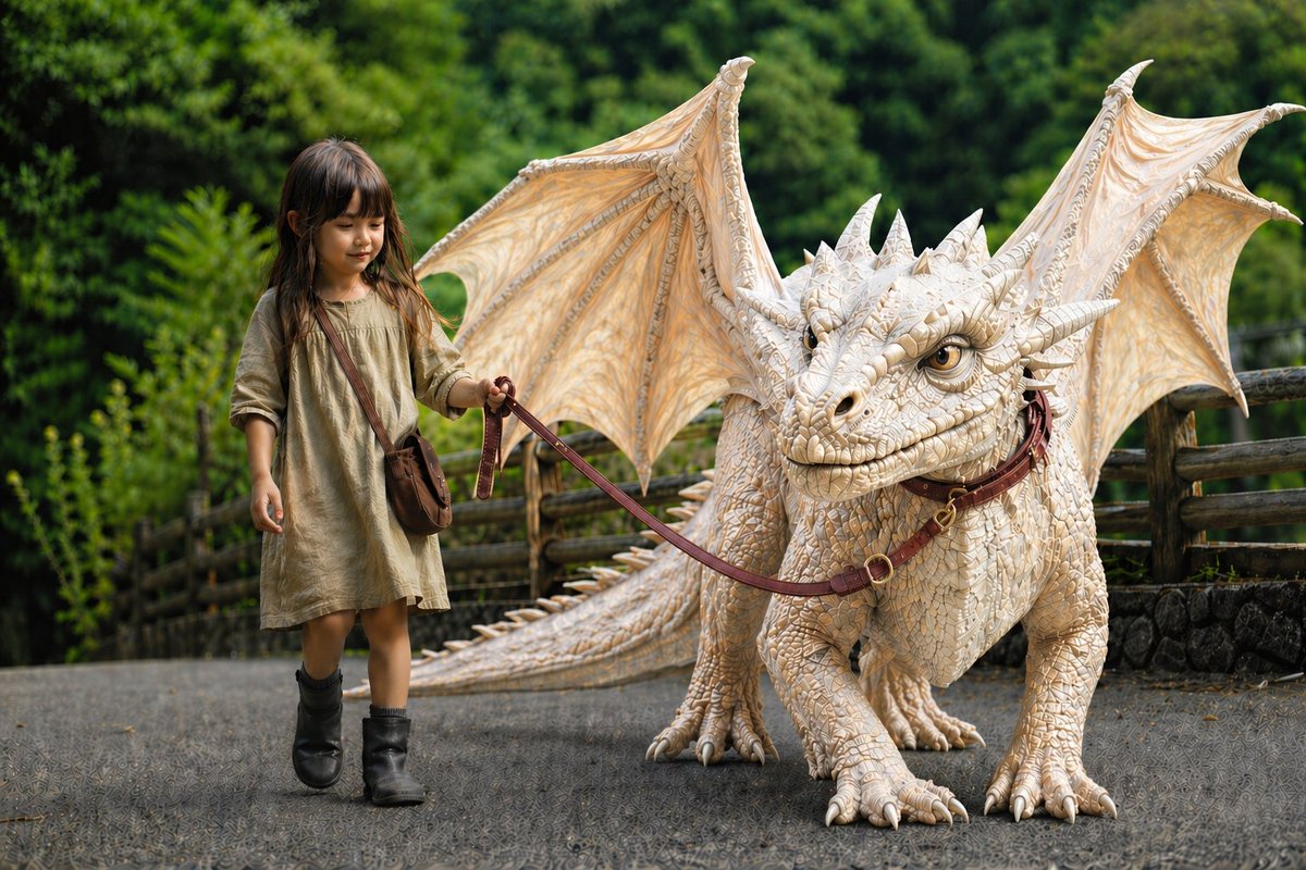故事绘本 GPT Image 2 提示词：Girl Walking a Giant Cream Dragon