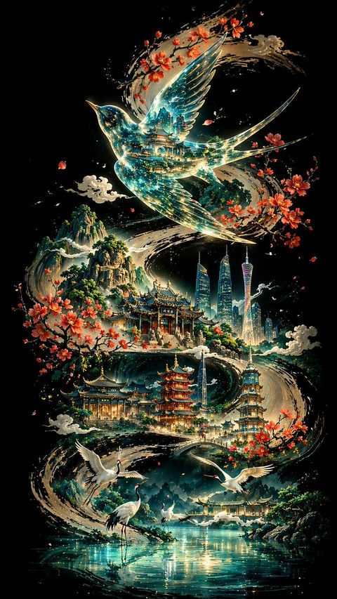 产品视觉 GPT Image 2 提示词：琉璃透明画眉鸟飞舞羊城墨卷