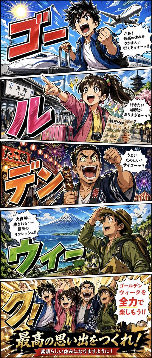 产品视觉 GPT Image 2 提示词：Golden Week Manga Travel Poster