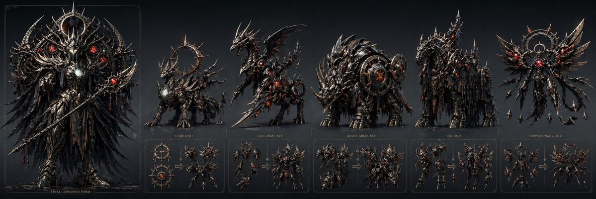 产品视觉 GPT Image 2 提示词：Gothic Combining Mecha Concept Sheet