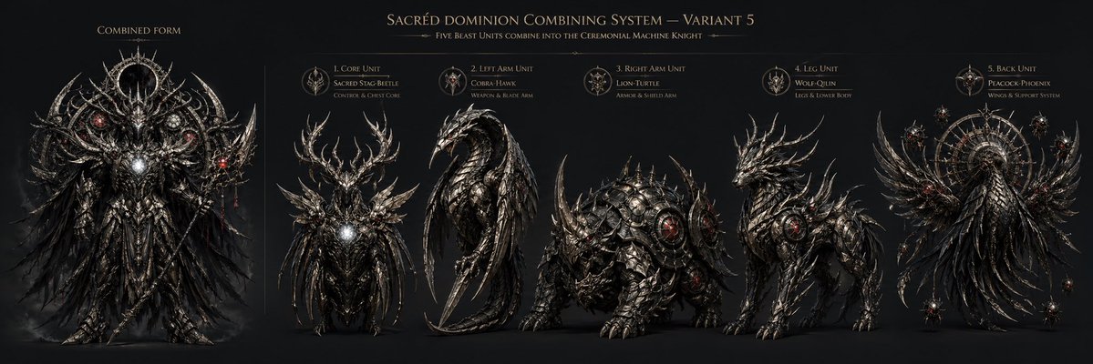 产品视觉 GPT Image 2 提示词：Gothic Five-Beast Combining Mecha Sheet