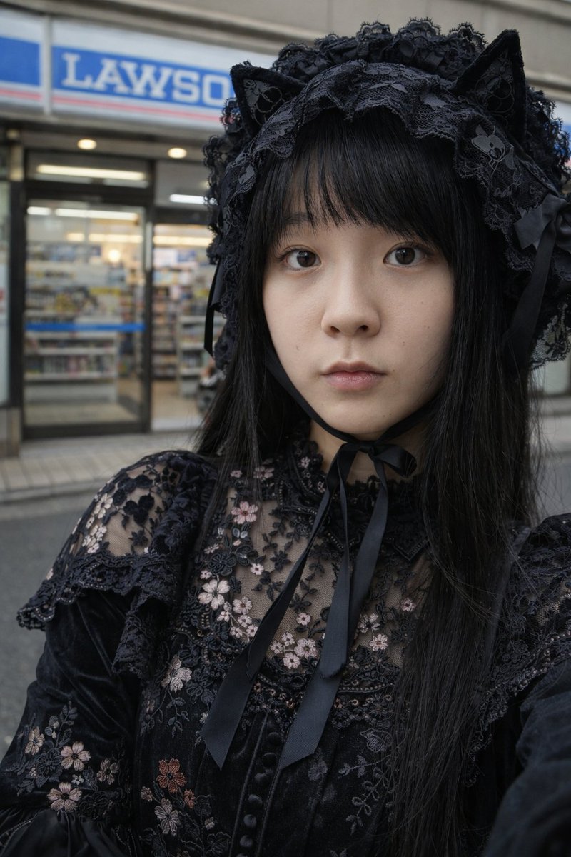 角色设定 GPT Image 2 提示词：Gothic Lolita Portrait at Convenience Store