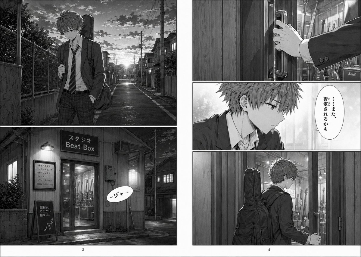 产品视觉 GPT Image 2 提示词：Grayscale Manga Boy Enters Music Studio